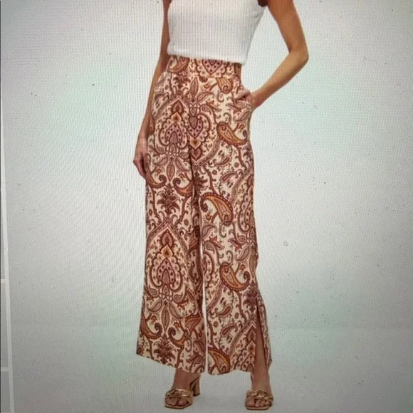 Melanie Lyne sz 14 Wide leg flowy cropped pants w paisley print brown pink gold - Picture 3 of 14